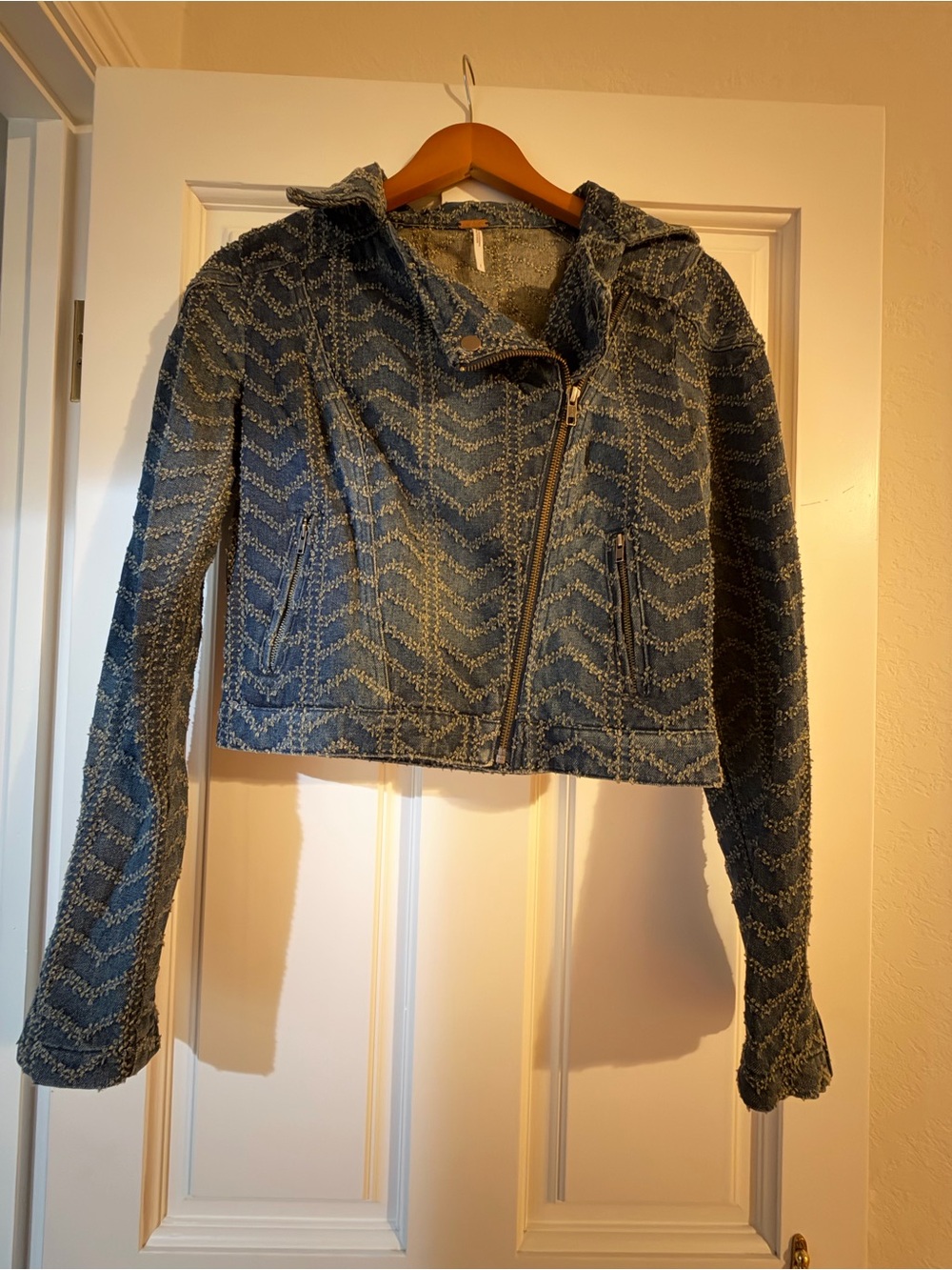 Free People Blue Woven Chevron Zip Jacket
